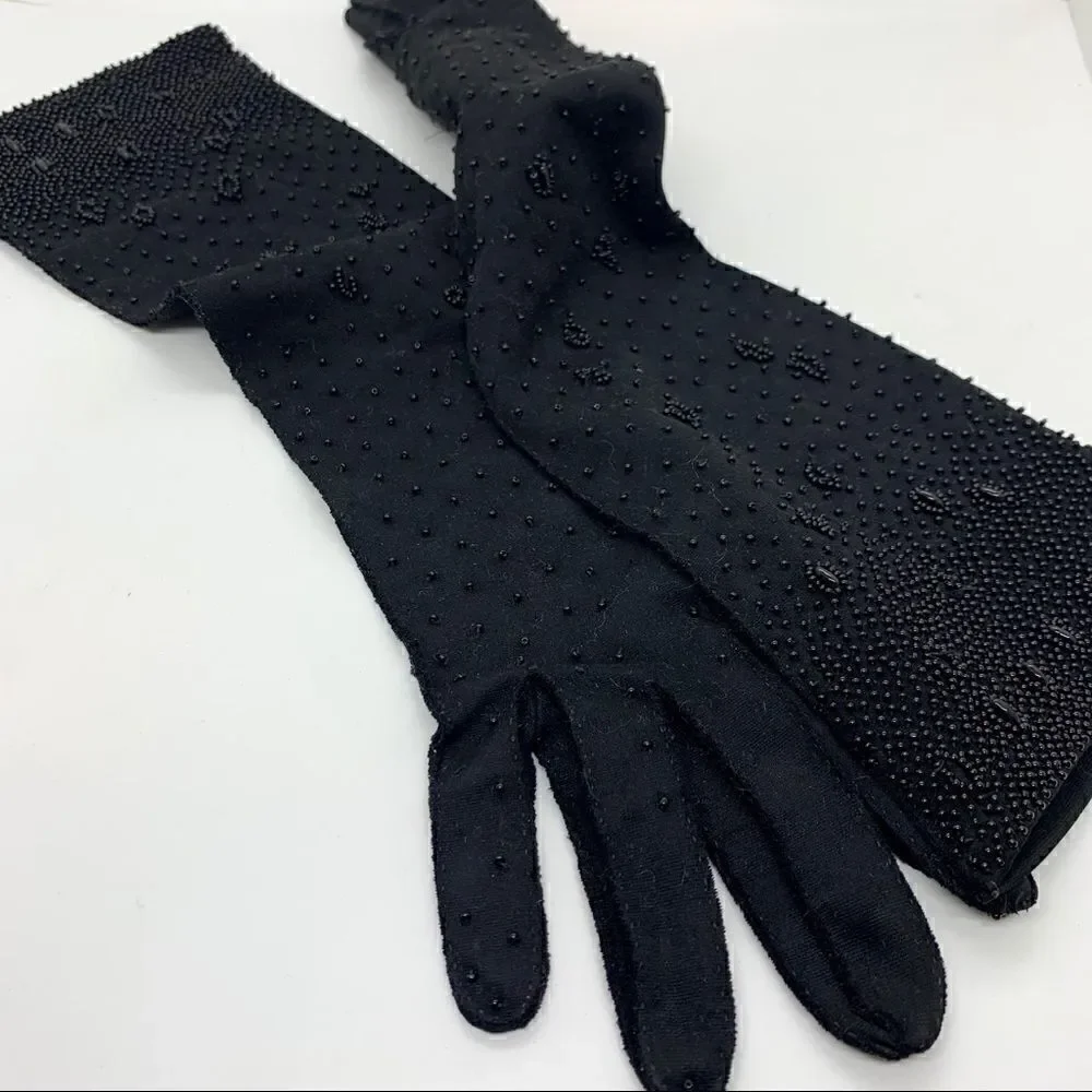 Black Beaded Detail Handmade Vintage Gloves